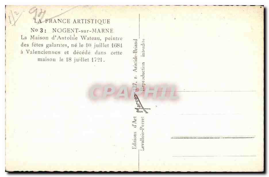 La Casa di Antoine Wateau a Nogent-sur-Marne — Edizioni d'Arte Levallois-Perret, n°3 — Verso