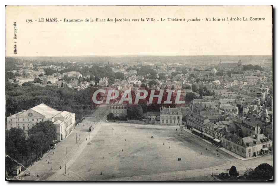 CPA Le Mans Panorama de la Place des Jacobins vers la Ville Le Theatre Le Theatre a gauche au loin 