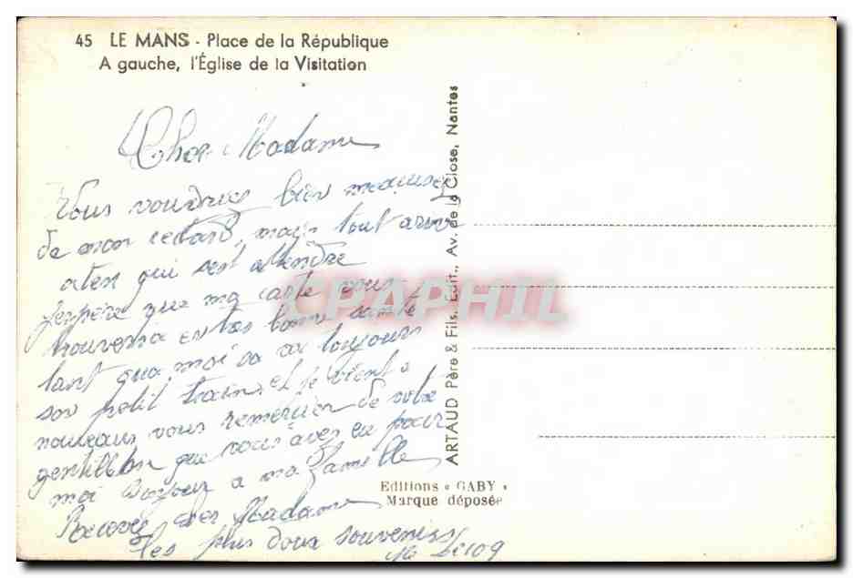 Le Mans - Place de la République — Église de la Visitation à gauche — Éditeur Gaby, Nantes — Rückseite