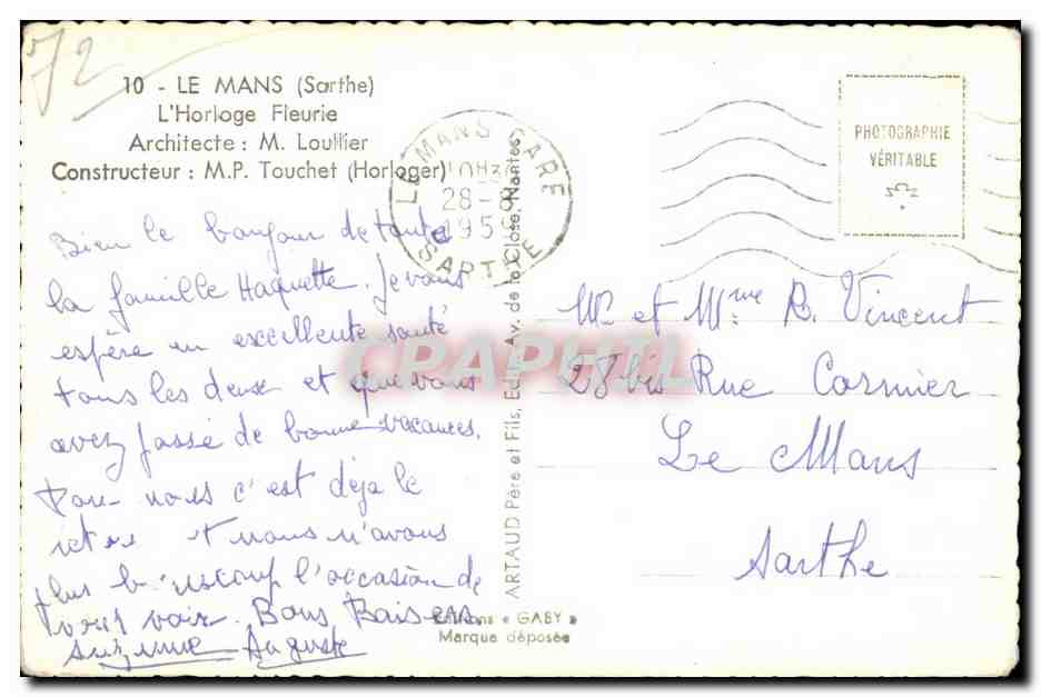 L'Horloge Fleurie — Le Mans (Sarthe) — Artaud & Gaby — Rückseite