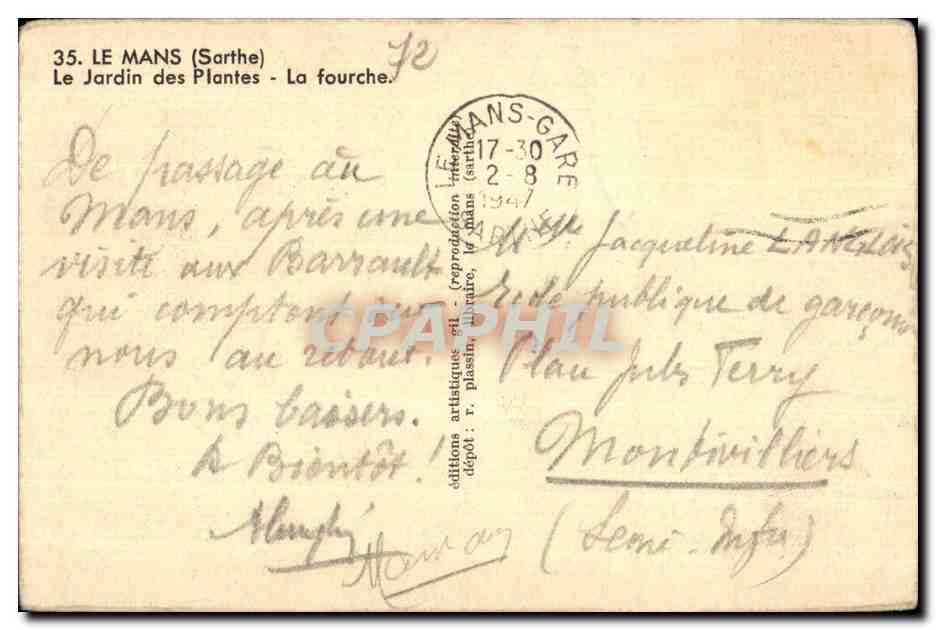 CPA Le Mans (Sarhte) Le Jardin des Plantes La fourche — Rückseite