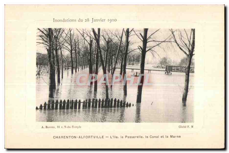 CPA Charenton Alfortville L Ile la Passerelle le Canal et la Marne Inondations 28 janvier 1910