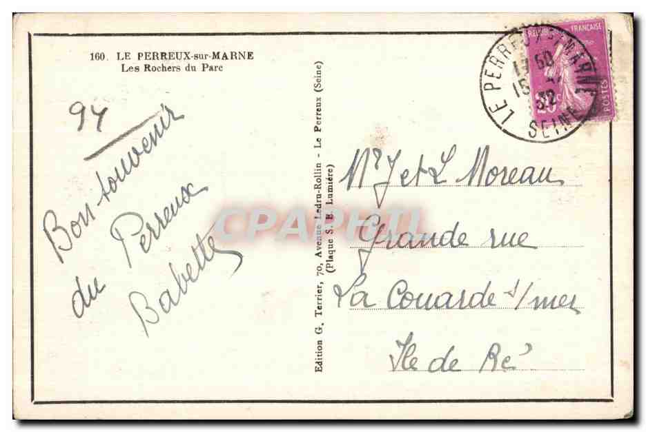 CPA Le Perreux sur Marne les Rochers du Parc — Rückseite