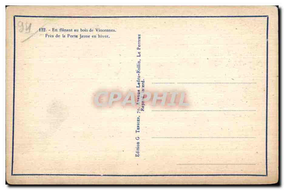 Bois de Vincennes — En flânant au bois de Vincennes, près de la Porte Jaune en hiver — Édition G. Termes, 70, Avenue Ledru-Rollin, Le Perreux — Rückseite