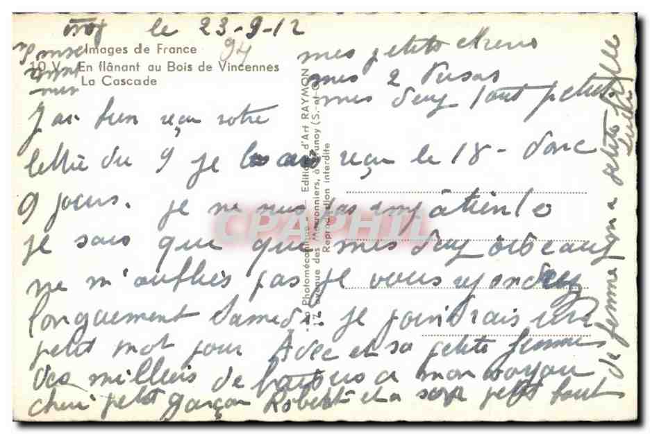 La Cascade — Bois de Vincennes — Éditions d'Art Raymon (S.-et-Loire) — Reverso