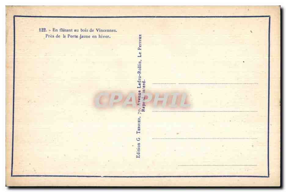 Banc sous les arbres enneigés — Près de la Porte Jaune, Vincennes — Édition G. Ledru-Rollin — Reverso