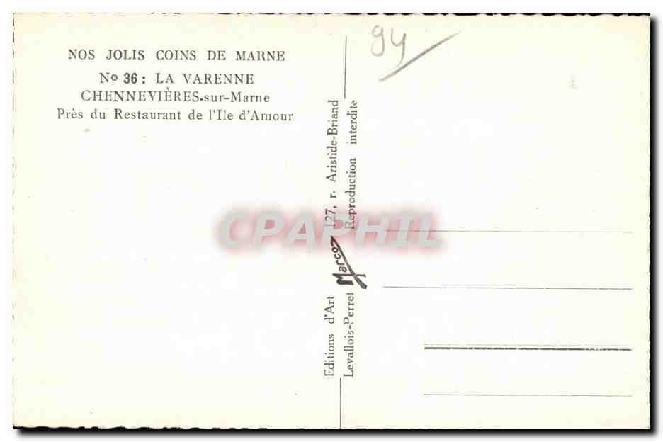 CPA La Varenne Chennevieres sur Marne Pres du Restaurant de I Ile d Amour — Rückseite