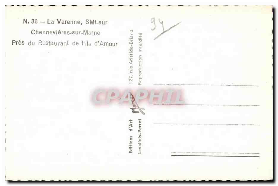 La Varenne, SMT-aux-Chennevières-sur-Marne — Près du Restaurant de l'île d'Amour — Éditions d'Art Levallois-Perret, n°36 — Verso