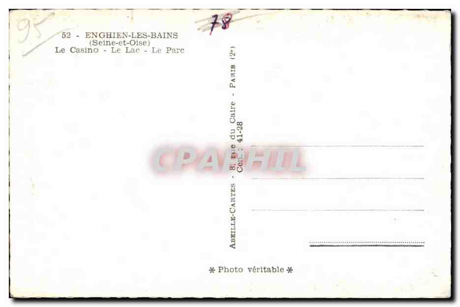 Enghien-les-Bains — Le Casino, Le Lac, Le Parc — éditeur Abeille-Cartes — Verso