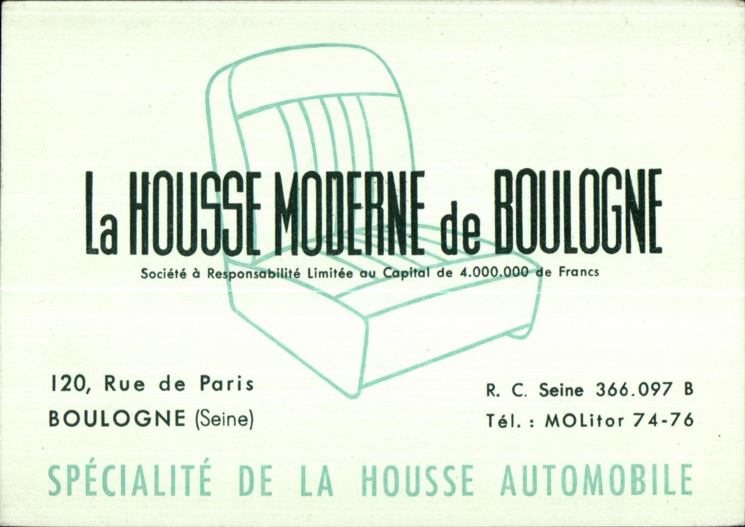 Carte de visite La House Moderne de Boulogne 120 rue de Paris Specialite de la housse automobile Publicite