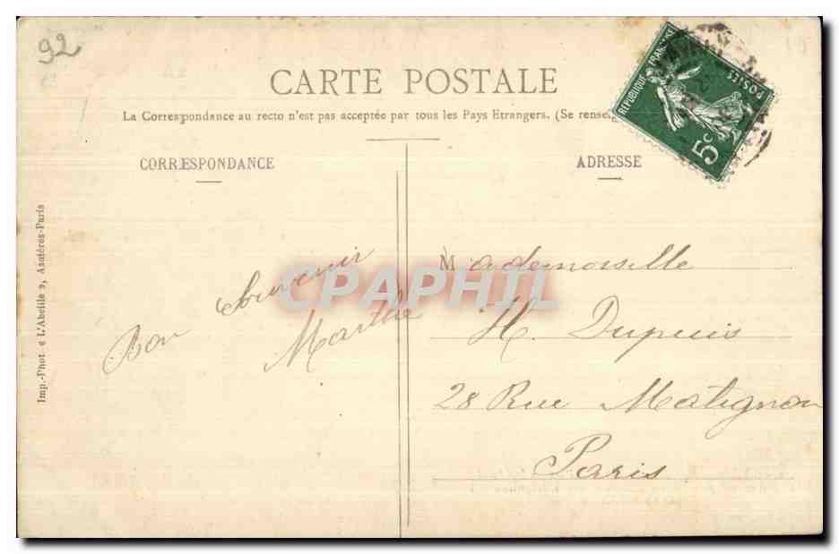 CPA Marnes la Coquette Parc de St Cloud Clairiere Ou paissait un cheval offert a Napoleon II Par Abd El Kader — Rückseite