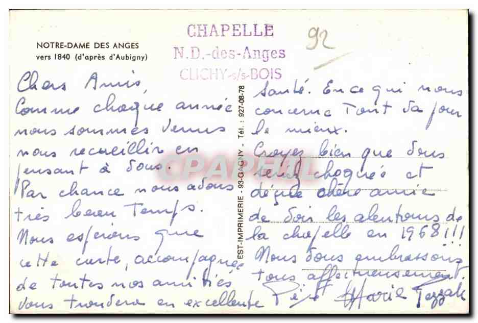 CPA Notre Dame Des Anges vers (d apres d Aubigny) — Rückseite