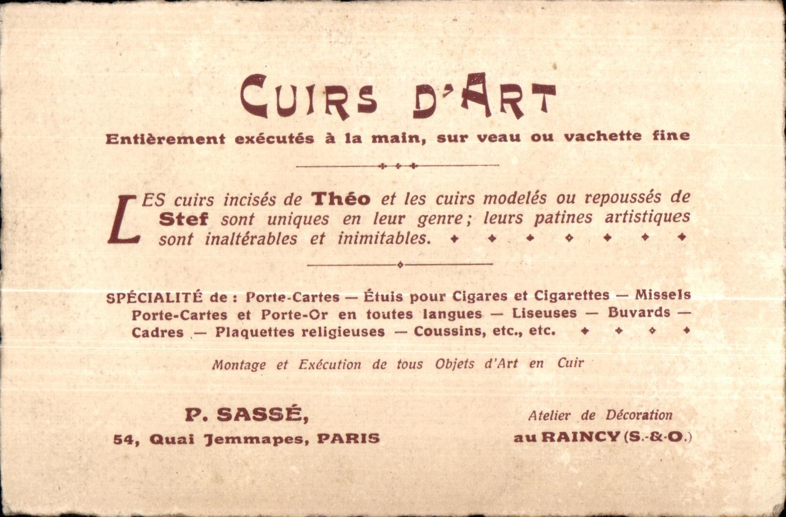 Carte de visite publicitaire Cuirs d art Raincy Quai Jemmapes 