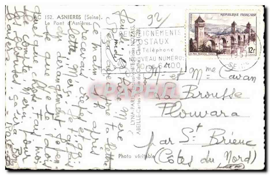 Le Pont d'Asnières — Seine — Éditeur Lignements, n° 152 — Verso