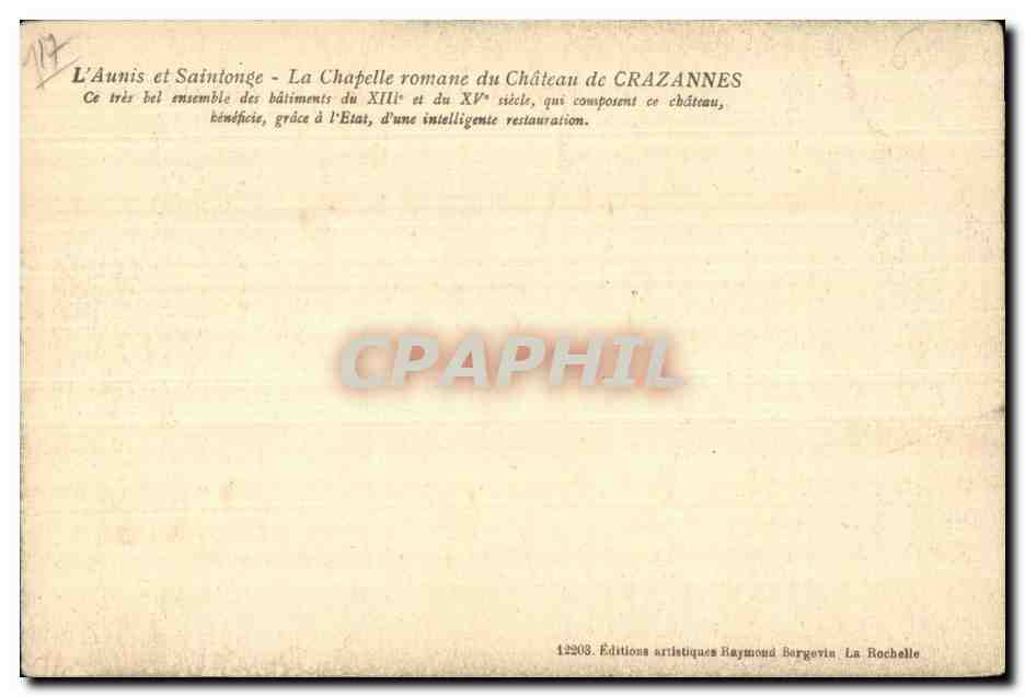 L Aunis et Saintonge - La Chapelle Romane du Chateau de Crazannes - CPA  — Rückseite