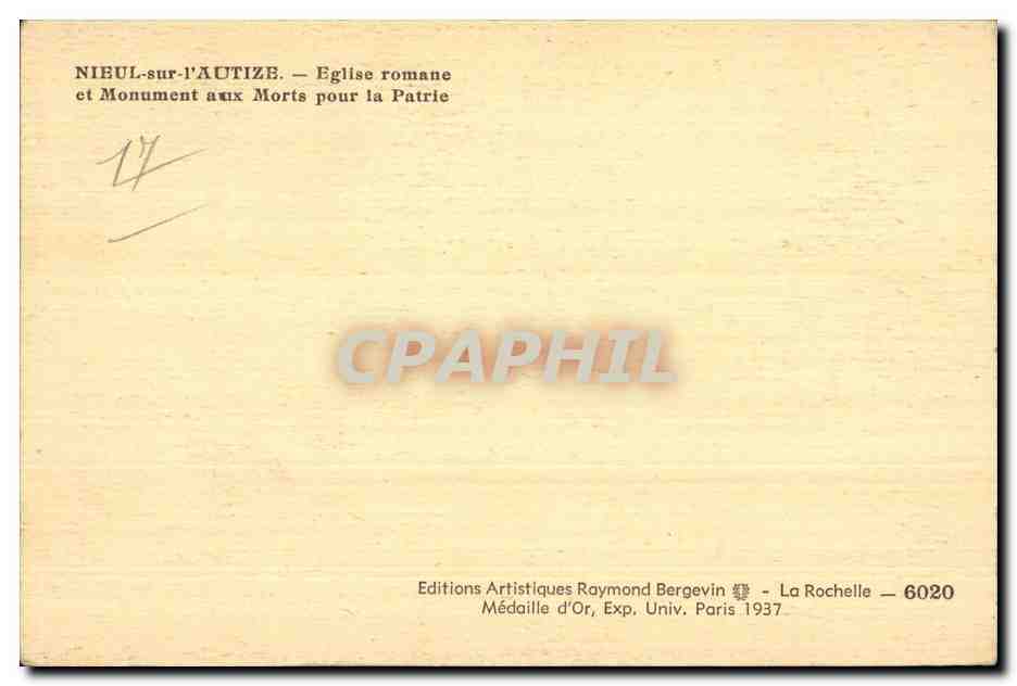CPA Nieul sur l Autize Eglise romane et Monument aux Morts pour la Patrie — Rückseite