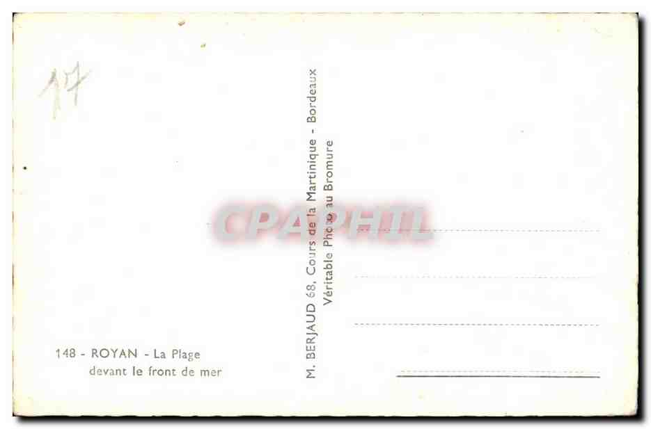 Royan - La Plage devant le front de mer — éditeur M. Berjaud, n° 148 — Verso