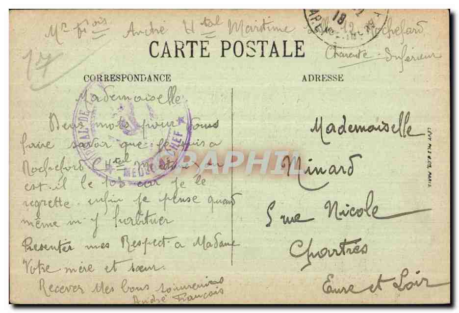 Rochefort sur Mer - Rue Emilie Zola - La Poste - Hotel de France - CPA  — Verso