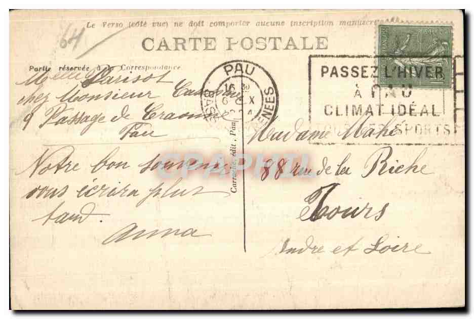 Pau - La Poste - CPA  — Rückseite