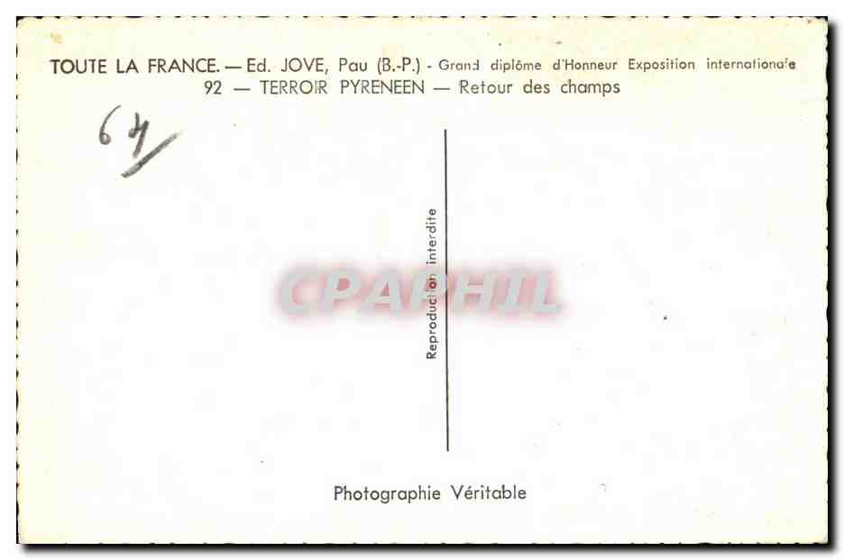 Retour des champs — Terroir Pyrénéen — Ed. JOVE, Pau (B.P.) — Verso