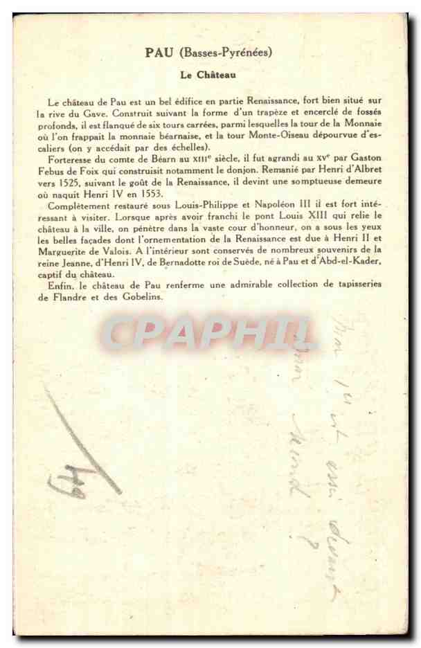 Pau (Basses-Pyrénées) — Le Château — Collection de la Solution Pautaubege, 7e Série — Verso
