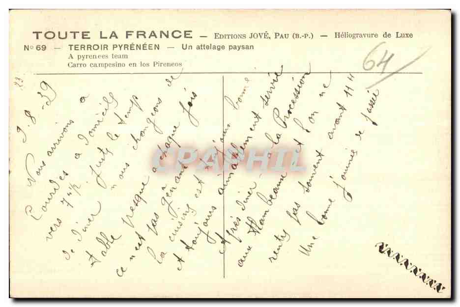 CPA Toute la France Editions Jove Pau (B P) Terroir pyreneen Un attelage paysan Sur la cote de Locrys  — Rückseite