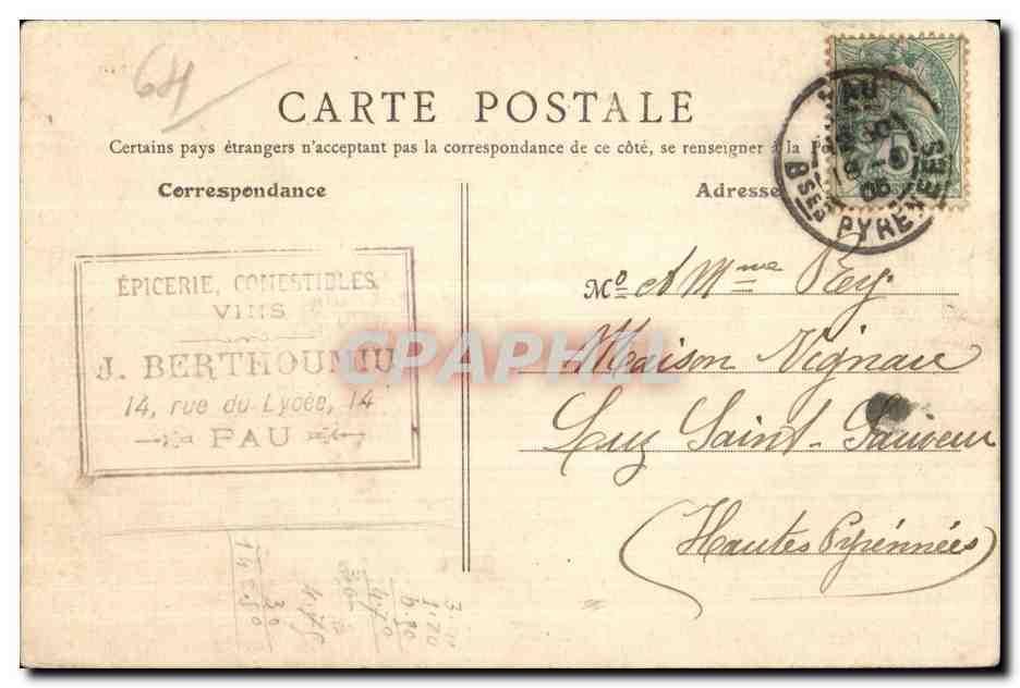 CPA Pau Hotel des Postes — Rückseite