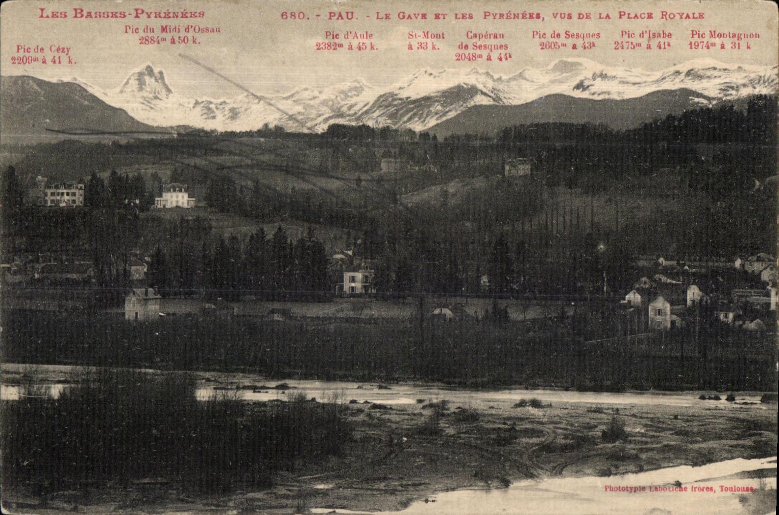 Les Basses-Pyrénées — Pau, Le Gave et les Pyrénées vus de la Place Royale — Phototypie Labotiche frères, Toulouse