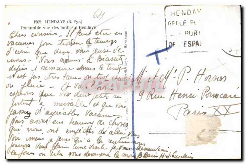 Vue des Jardins d'Hendaye — Hendaye (Basses-Pyrénées) — éditeur inconnu, n° 1508 — Reverso