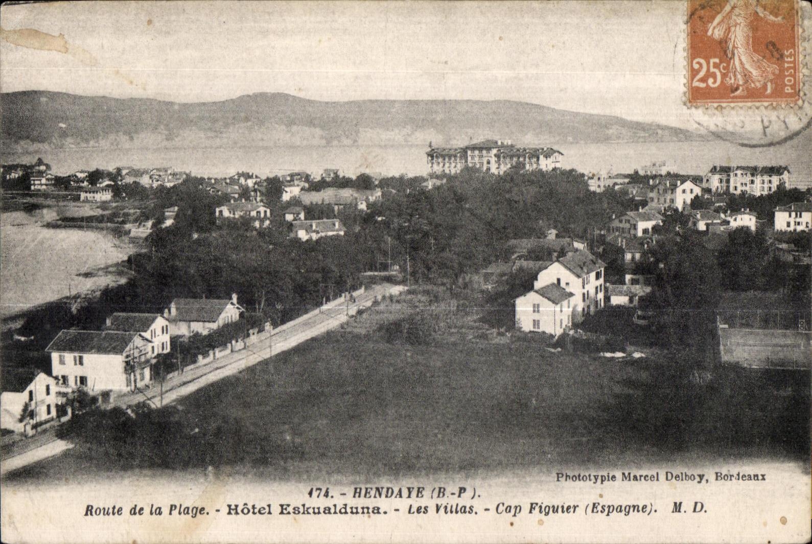 Hendaye (B.-P.) - Route de la Plage - Hôtel Eskualduna - Les Villas - Cap Figuier (Espagne) - Phototypie Marcel Delboy, Bordeaux