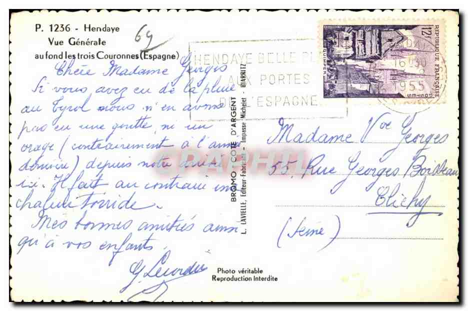 Hendaye — Vue Générale au fond les trois Couronnes (Espagne) — L. LAVICELLE, P. 1236 — Reverso