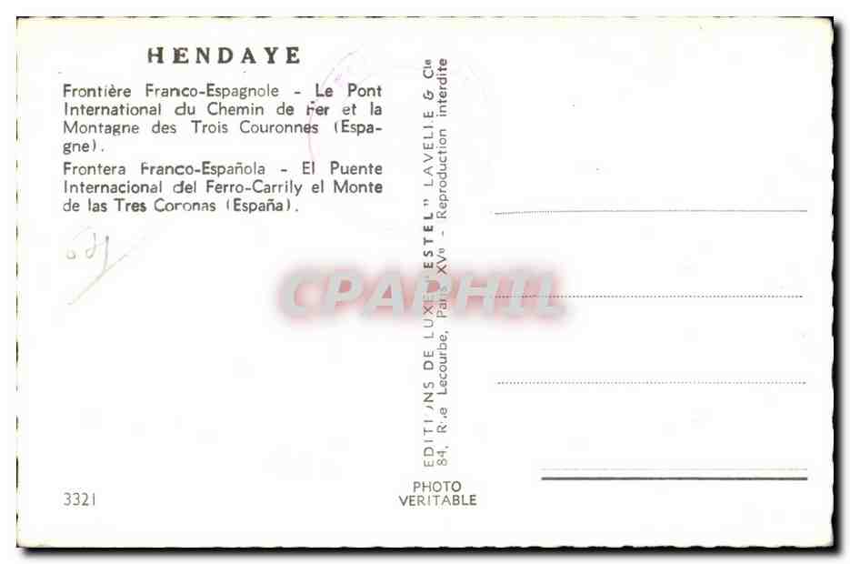 Pont sur le fleuve à Hendaye — Frontière Franco-Espagnole — Éditeur Estel, n° 3321 — Achterkant
