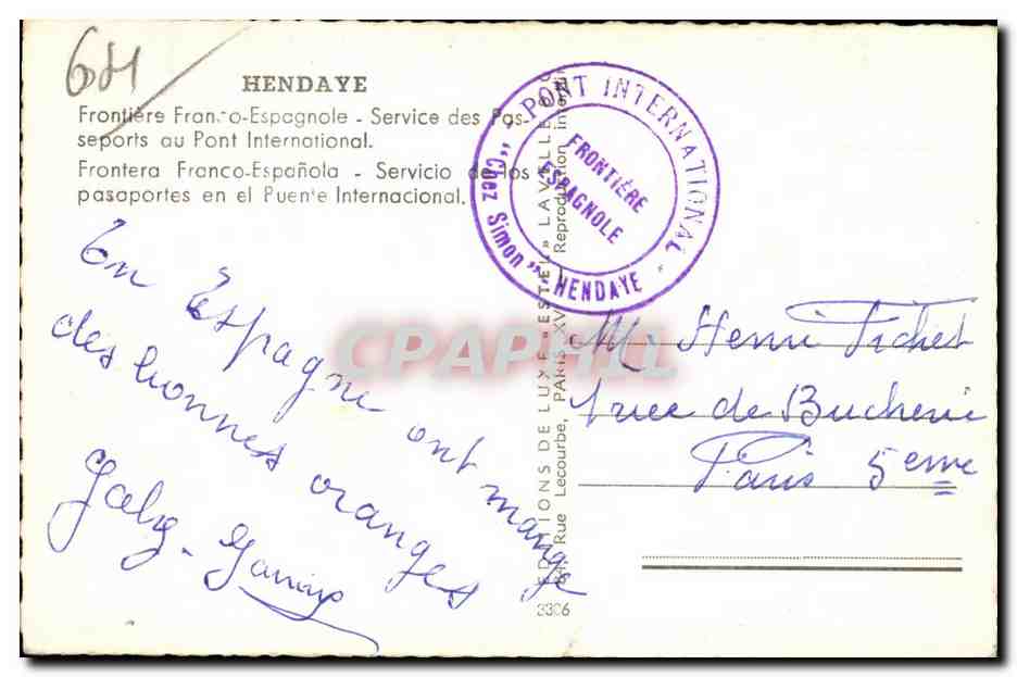 CPA Hendaye Frontiere Fran O Espagnole Servicle des Passeports au Pont International — Rückseite
