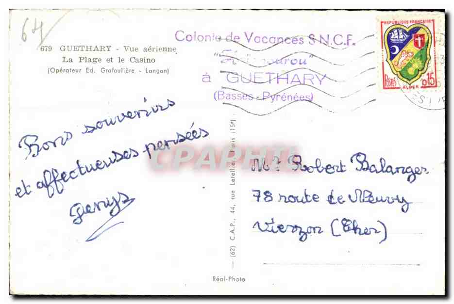 CPA Guethary Vue aerienne La Plage et le Casino (Operateur Ed Grafouliere Longon) — Rückseite