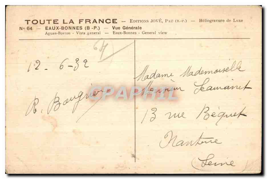 Eaux-Bonnes — Vue Générale — Éditions JOVÉ, Pau (B.P.) — Achterkant
