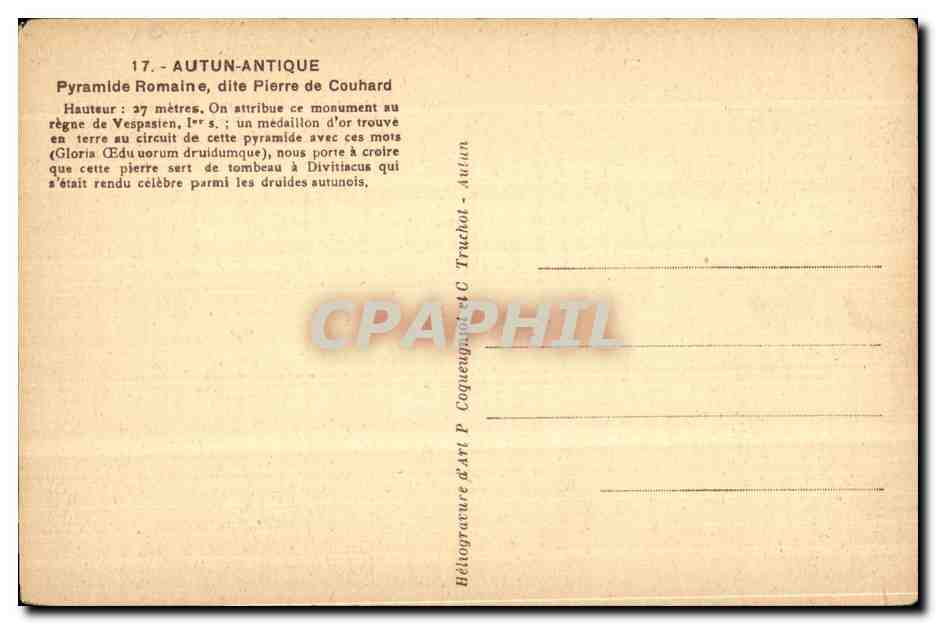 CPA Autun Antique Pyramide Romaine dite Pierre de Couhard — Rückseite