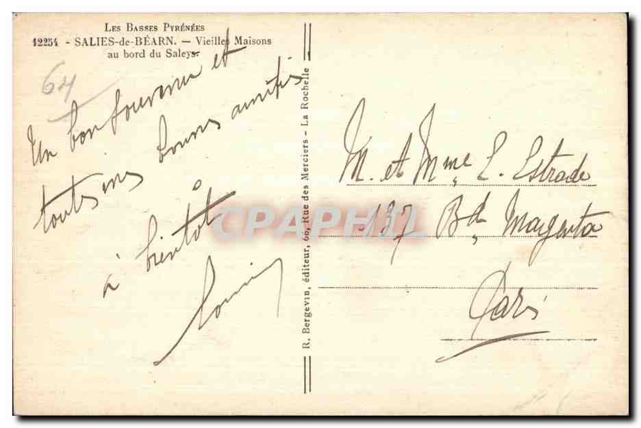 Salies-de-Béarn — Vieilles Maisons au bord du Saleys — R. Bergevin, éditeur — Verso