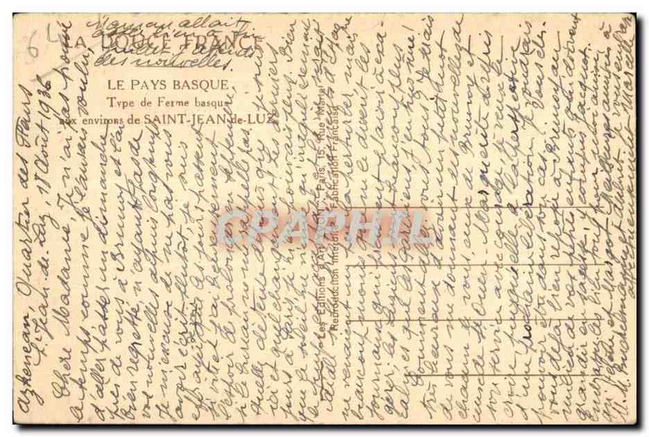 CPA Le Pays Basque Type de Ferme basque aux envinors de Saint Jean de Luz — Verso