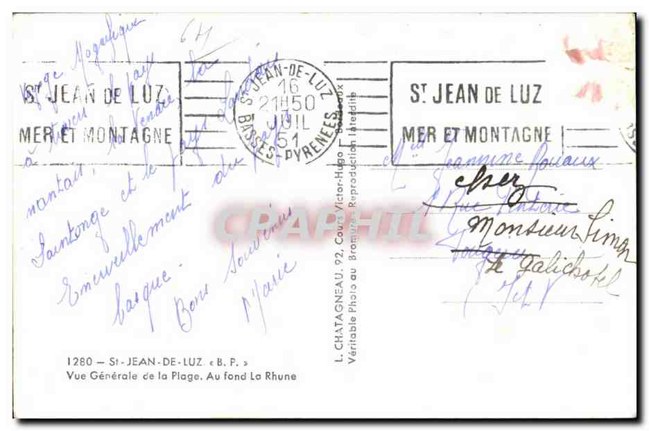 Vue Générale de la Plage — Elcie — L. CHATAGNEAU, 1280 St-Jean-de-Luz — Reverso