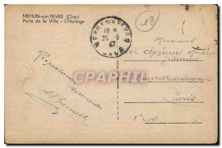 Mehun-sur-Yèvre (Cher) — Porte de la Ville - L'Horloge — éditeur C. C. (sous-titré 'C. C. MEHUN-SUR-YÈVRE') — Verso