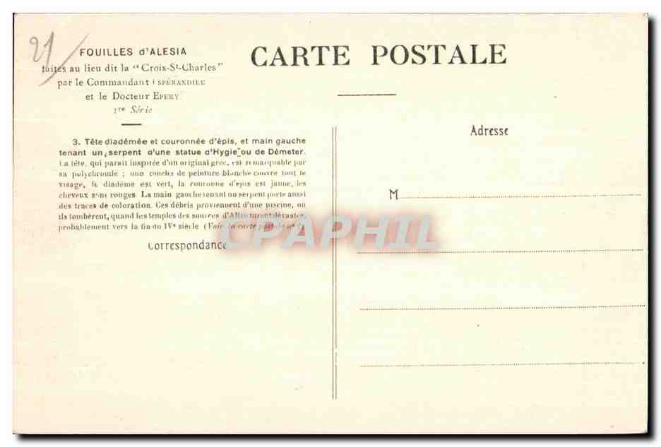 Fouilles d'Alesia — Tête diadémée et main gauche tenant un serpent — par le Commandant Spérandieu et le Docteur Éperey — Reverso
