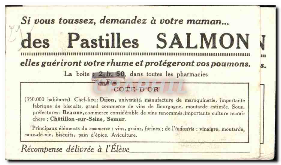 CPA Si vous toussez demandez a votre maman des Pastilles Salmon elles gueriront votre rhume et protegeront vospoumons — Verso