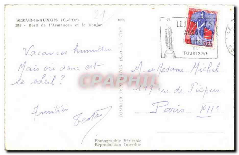 Semur-en-Auxois — Bord de l'Armagnon et le Donjon — Comlier Imp. (S.-et-L.) — Rückseite