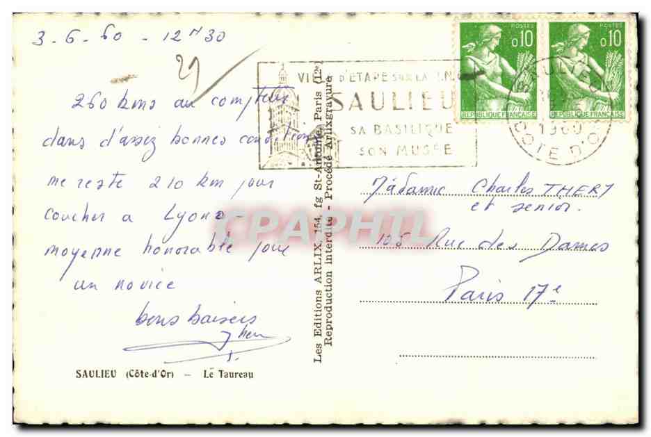 CPA Saulieu (Cote-d Or) Le Taureau — Rückseite