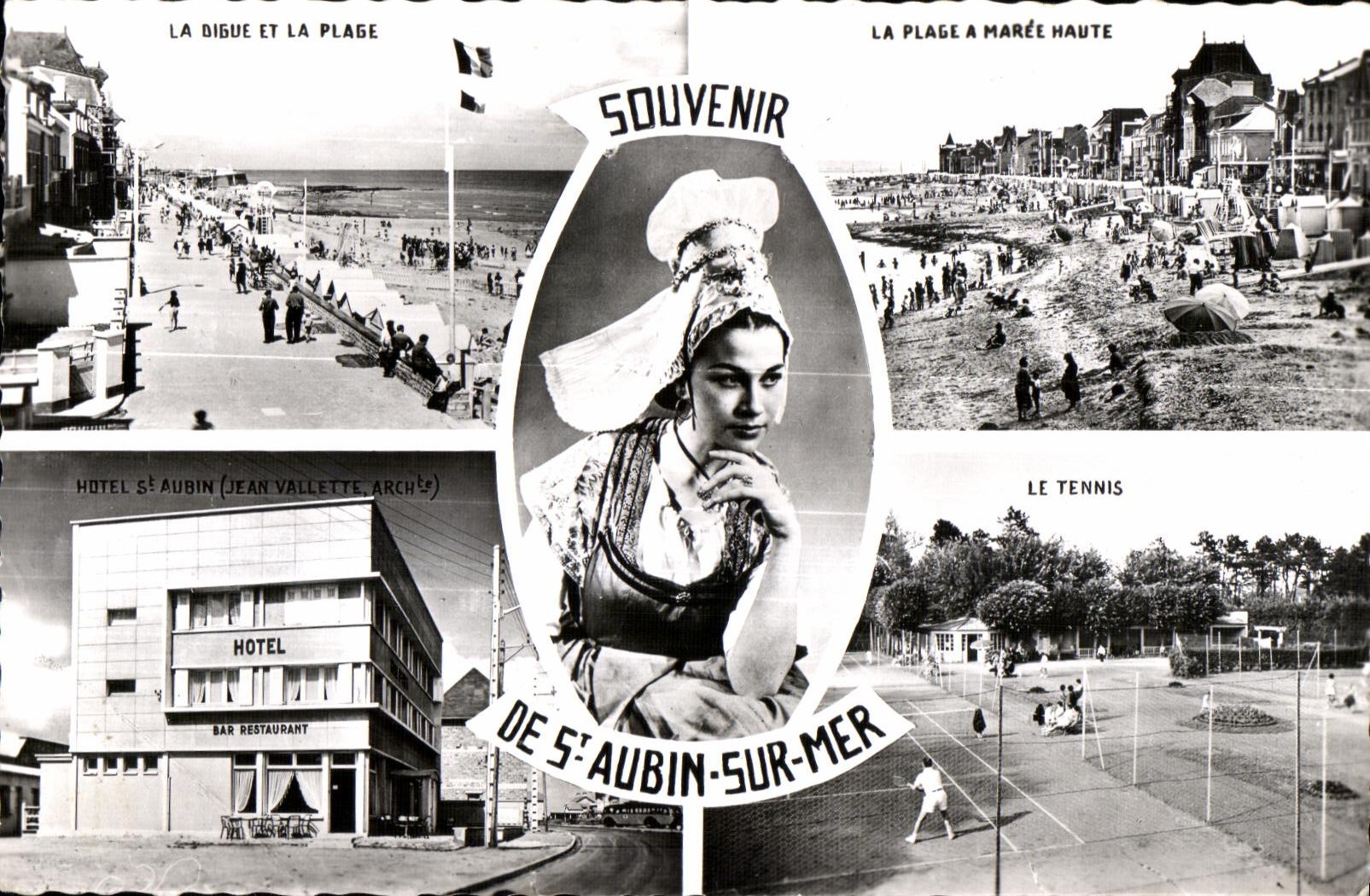 Séouvenir de S'Aubin-sur-Mer — La digue et la plage, la plage à marée haute, l'hôtel Sé Aubin, le tennis — éditeur Souvenir