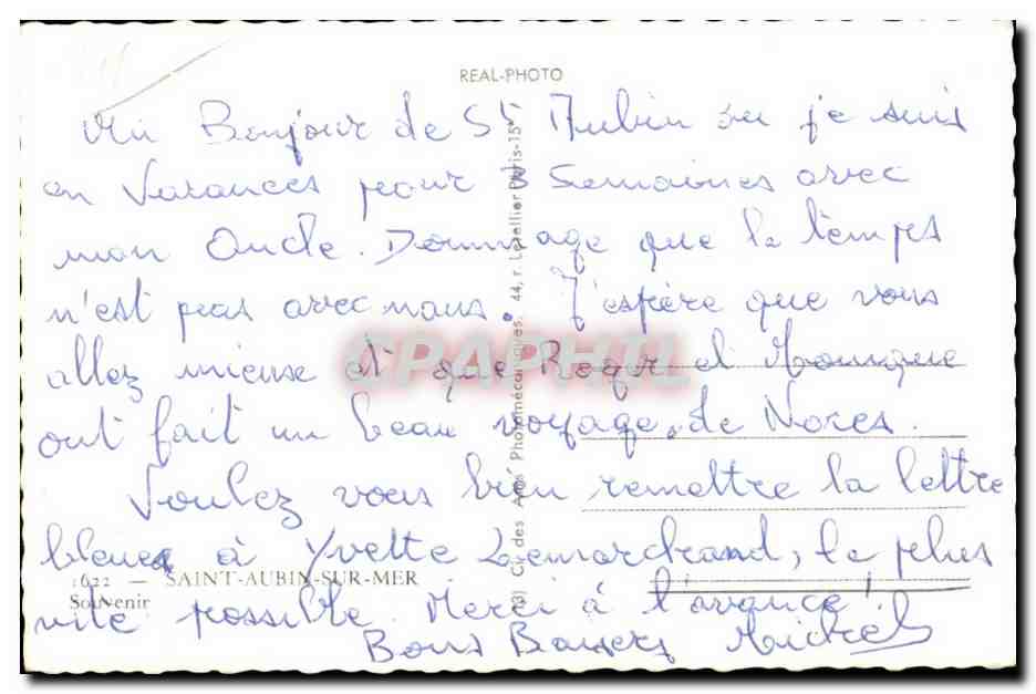 Séouvenir de S'Aubin-sur-Mer — La digue et la plage, la plage à marée haute, l'hôtel Sé Aubin, le tennis — éditeur Souvenir — Rückseite