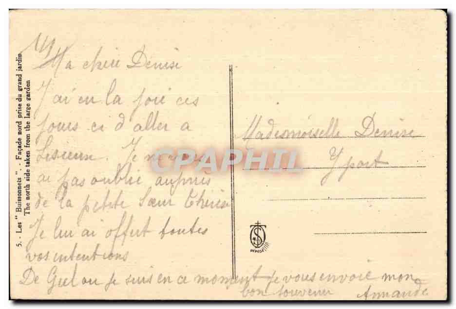 Les 'Buissonnets' — Façade nord — éditeur Depose, n°5 — Verso