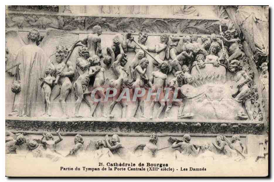 CPA Bourges Cathedrale de Partie du Tympan de la Porte Centrale (XIII siecle) Les Damnes