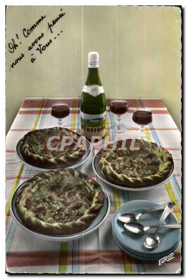 Table de fête avec quiches et vin — Éditeur Europ, n° de série non visible