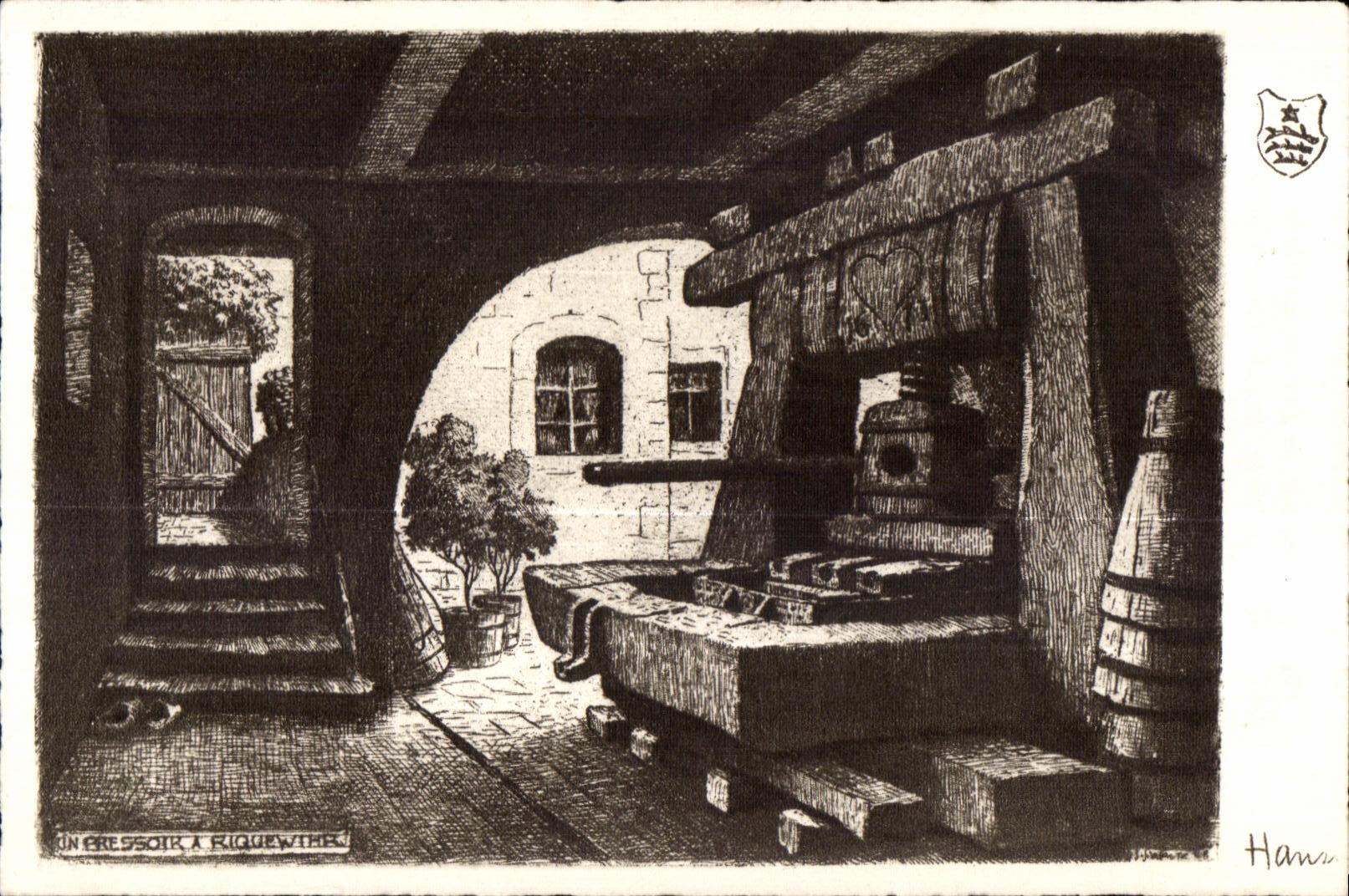 Un pressoir à Riquewihr — gravure — Hans